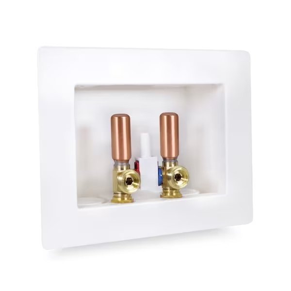 Washing Machine Outlet Box, Dual Drain, Assmbld W/ 1/2'' PEX A Valves & Hammer Arrestors, White ABS, Everflow, Mfr#: SB200-FH