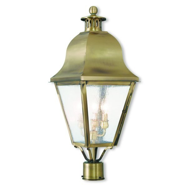 Amwell 3 Light Antique Brass Outdoor Post Top Lantern, Livex Lighting, Mfr#: 2556-01