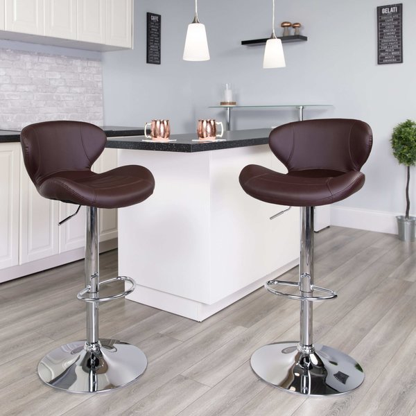 Brown Vinyl Adjustable Height Barstool, Curved Back, Chrome Base, PK2, FLASH FURNITURE, Mfr# 2-CH-321-BRN-GG