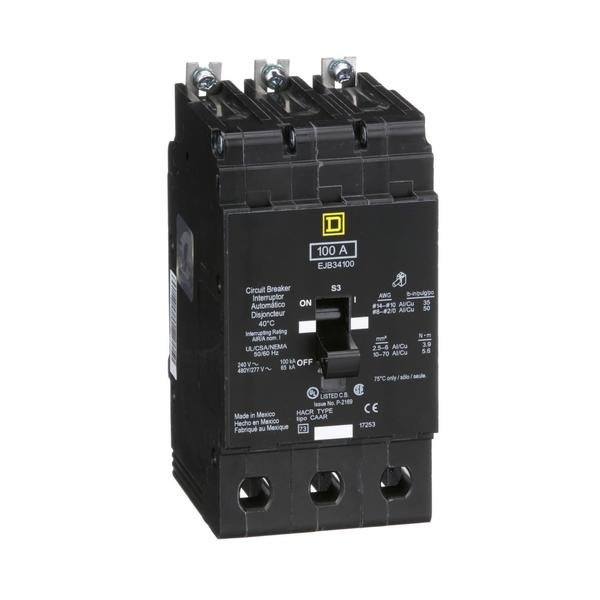 E Frame, circuit Brkr, 100 A, 3 pole, 48, 100 A, 480Y/277V AC, 3 Pole, Bolt-On Mounting Style, SQUARE D, Mfr# EJB34100