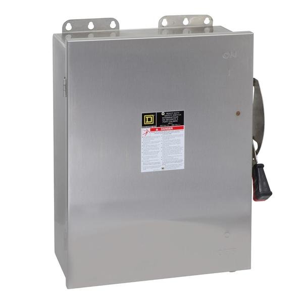 Safety switch, heavy duty, non fusible, 100A, 4 pole, 75hp, 600VAC/DC, NEMA 4, 4X, 5, 304 steel, Square D, Mfr#: HU463DS