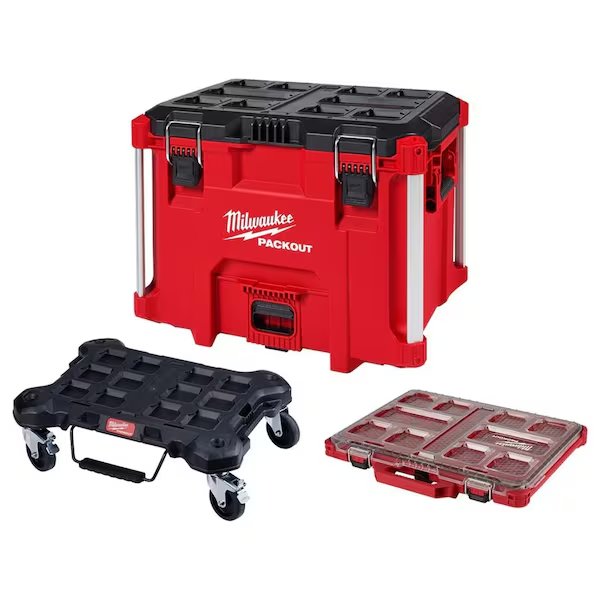 PACKOUT XL Tool Box + Dolly + Low-Profile Organizer, Polymer, Black/Red, 22 in W x 16-1/4 in D, Milwaukee Tool, Mfr#: 48-22-8429, 48-22-8410, 48-22-8431