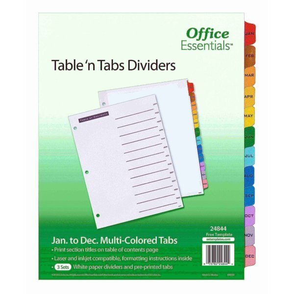 Table n Tabs Dividers, PK3, OFFICE ESSENTIALS, Mfr# 24844