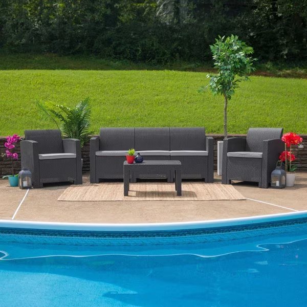 Dark Gray Rattan Sofa with All-Weather Cushions, Flash Furniture, Mfr#: DAD-SF2-3-DKGY-GG