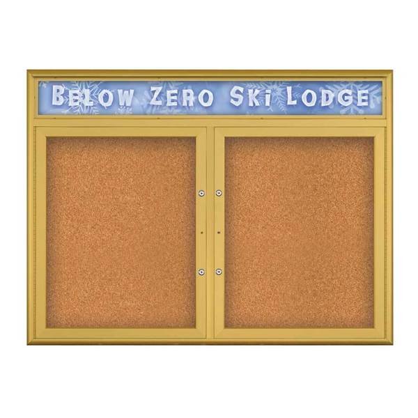 Double Door Radius Plus Corkboard, Header, UNITED VISUAL PRODUCTS, Mfr# UV8012PLUS5-GOLD-CORK