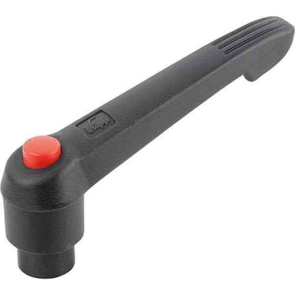 Adjustable Handle With Push Button, Size: 5, M12, Plastic Black, Comp: Steel, Button: Red, KIPP, Mfr# K0269.71512