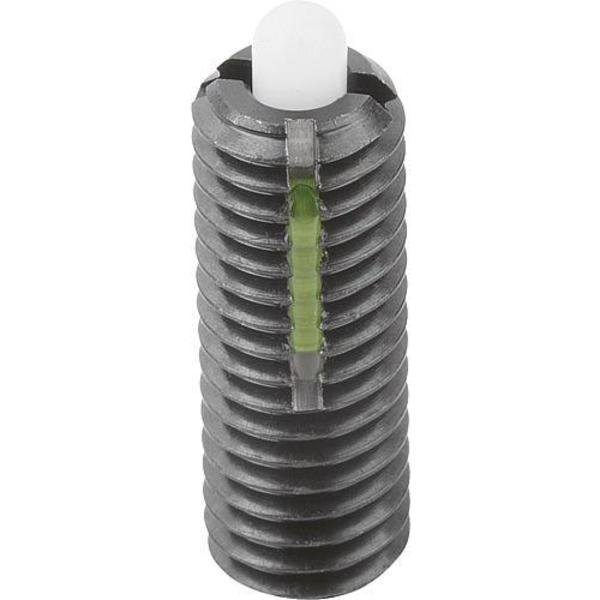 Spring Plunger Light Spring Force, Long-Lok D=1/2-13 L=28, Steel, Comp: Pin POM Plastic, KIPP, Mfr# K0328.1A5