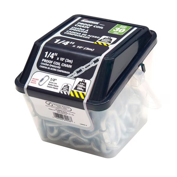 1/4 in. x 10 ft. Zinc Plated Grade 30 Proof Coil Chain w/ Quick Link, Kingchain, Mfr#: 699481