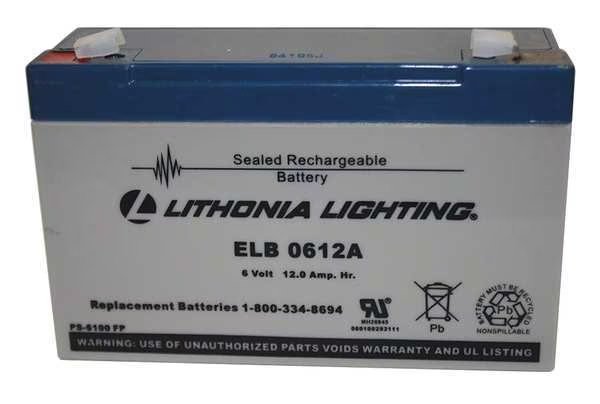Battery, Lead Calcium, 6V, 12A/HR., Lithonia Lighting, Mfr#: ELB 0612A