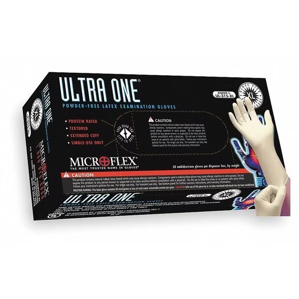 Ultra One, Latex Exam Gloves, 9.8 mil Palm, Extended Cuff, Latex, Powder-Free, L, 50 PK, Beige, Ansell, Mfr#: UL-315-L