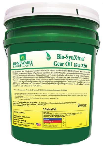 5 gal Bio-SynXtra Gear Oil Pail 320 ISO Viscosity, 85W140 SAE, Yellow, Renewable Lubricants, Mfr#: 82454