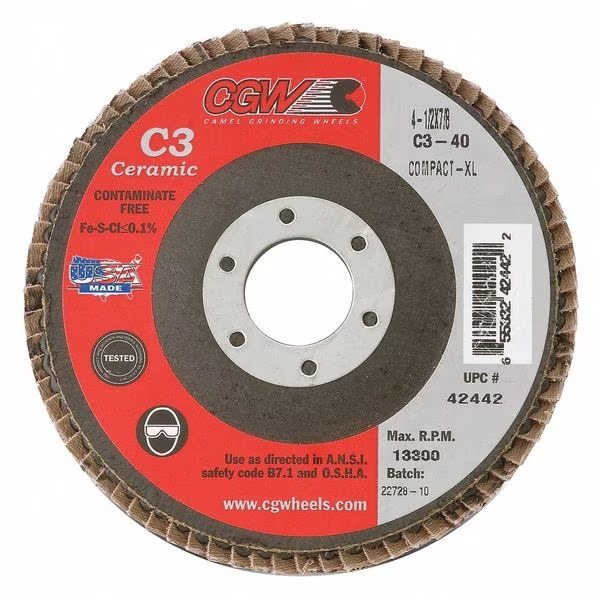Flap Disc, 4.5x7/8, C3, Cmpct Cer, XL, 40G, CGW ABRASIVES, Mfr# 42442