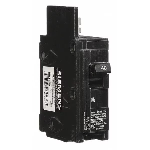 Miniature Circuit Breaker, 40 A, 120V AC, 1 Pole, Bolt On Mounting Style, BQ Series, SIEMENS, Mfr# BQ1B040