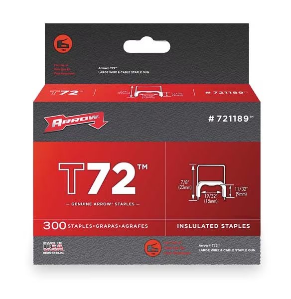Insulated Cable Staples, T72, 0.026 x 0.074 in ga, 11/32 in Leg L, Steel, 300 PK, ARROW FASTENER, Mfr# 721189