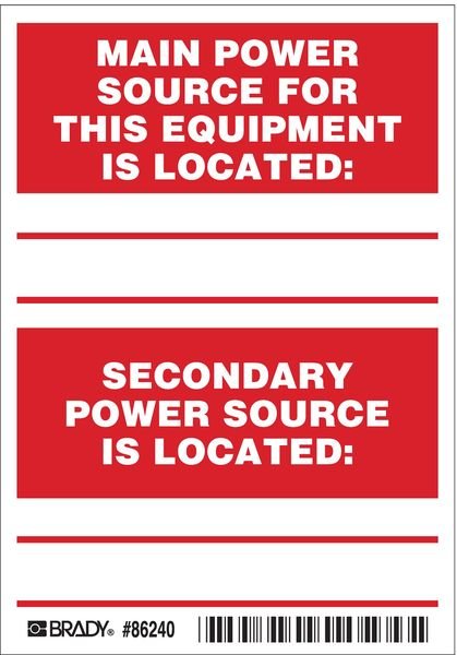 Machine/Equipment Label, English, PK5, 86240, BRADY, Mfr# 86240