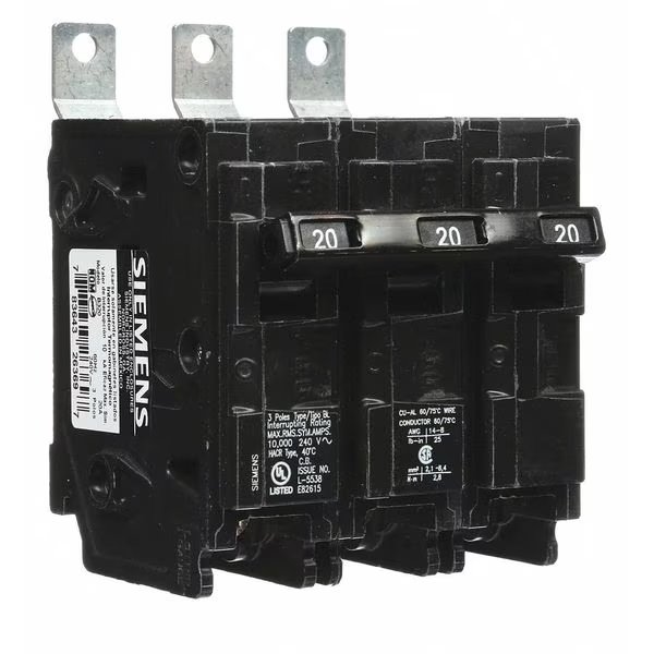 Miniature Circuit Breaker, BL Series, 20A, 3 Pole, 240V AC, 10kA at 240V AC, Siemens, Mfr#: B320