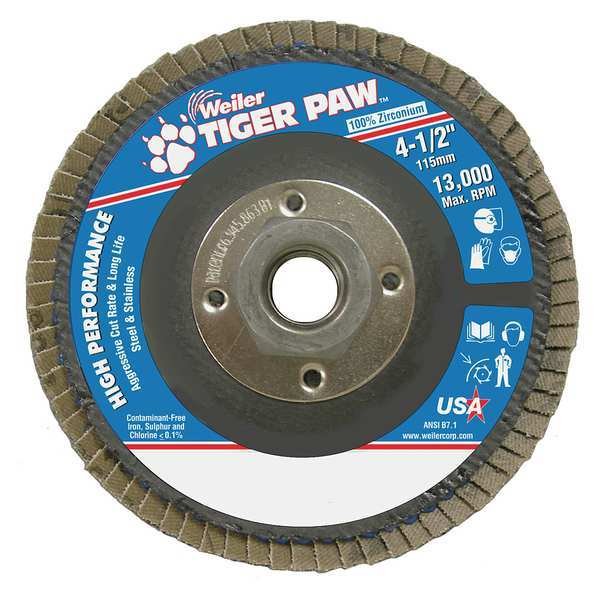 Flap Disc, Type 29, 4-1/2in. dia., 36 Grit, WEILER, Mfr# 98803