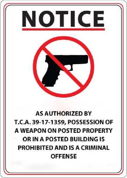 Tennessee Concealed Carry Sign, 14 in Height, 10 in Width, Plastic, Rectangle, English, ZING, Mfr# 2807S