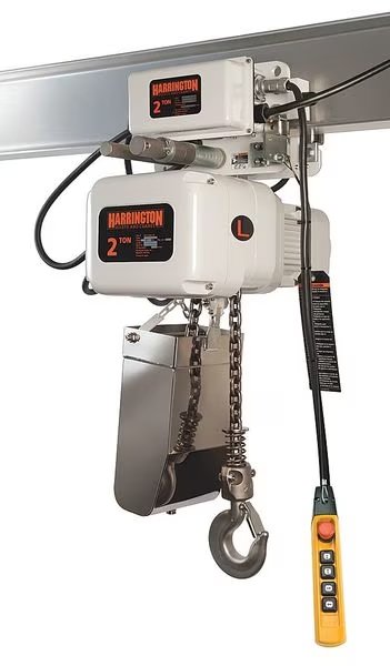 Electric Chain Hoist, 1,000 lb, 10 ft, Motorized Trolley, 460V, White, Harrington, Mfr#: NERM005LD-L-FG-10