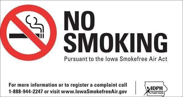 No Smoking Window Decal, Iowa, 5 in Height, 7 in Width, Plastic, Rectangle, English, ZING, Mfr# 1854D