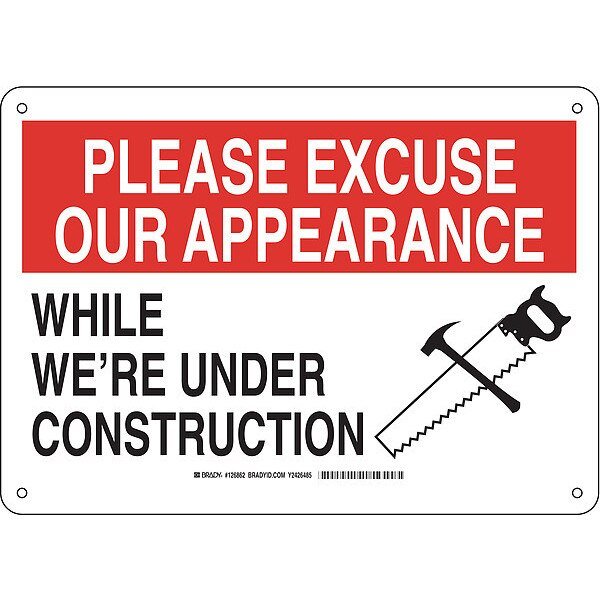 Construction Site Sign, 10 in Height, 14 in Width, Plastic, Rectangle, English, BRADY, Mfr# 126862