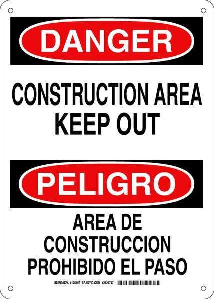 Danger Sign, 14 in Height, 10 in Width, Plastic, Rectangle, English, Spanish, BRADY, Mfr# 125167