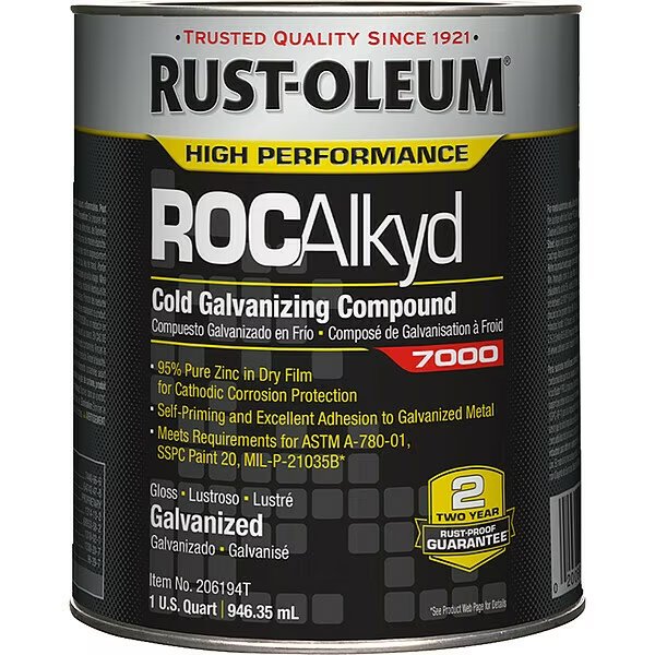 ROCAlkyd Cold Galvanizing Compound, 7000, For Metal, Gray, Exterior/Interior, Solvent, 1 qt, Rust-Oleum, Mfr#: 206194T