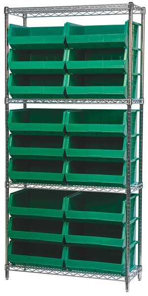 Steel Wire Bin Shelving, 36 in W x 74 in H x 14 in D, 4 Shelves, Silver/Green, AKRO-MILS, Mfr# AWS143630250G
