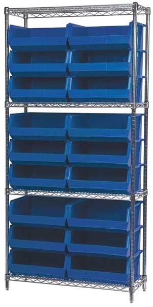 Steel Wire Bin Shelving, 36 in W x 74 in H x 14 in D, 4 Shelves, Silver/Blue, AKRO-MILS, Mfr# AWS143630250B