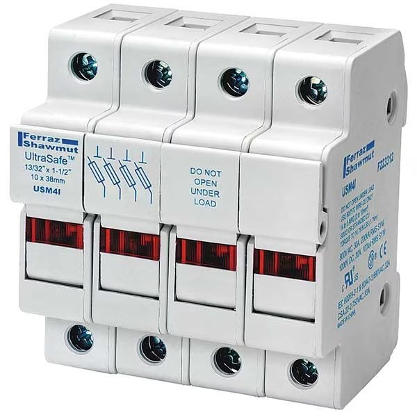 Finger Safe Fuse Block, 4 Poles, 30A Amp Range, 600V AC/600V DC Volt Rating, Mersen, Mfr#: USM4I