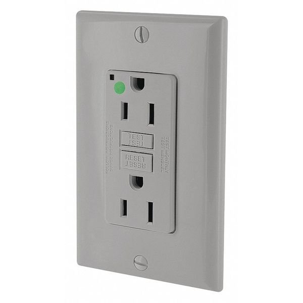 Recept, Gray, 15 A, GFCI, 2P3W, Bk;Sd, 1PK, LEVITON, Mfr# GFNT1-HGG