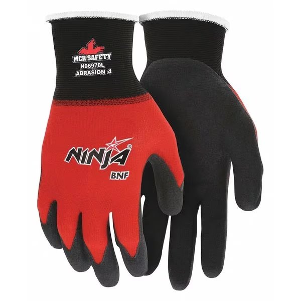 Foam Nitrile Coated Gloves, Palm Coverage, Black/Red, XL, PR, MCR SAFETY, Mfr# N96970XL