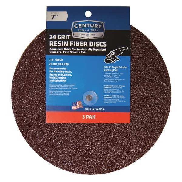 Resin Fiber Disc, 7in., 24 Grit, 3Pk, Century Drill & Tool, Mfr#: 75300