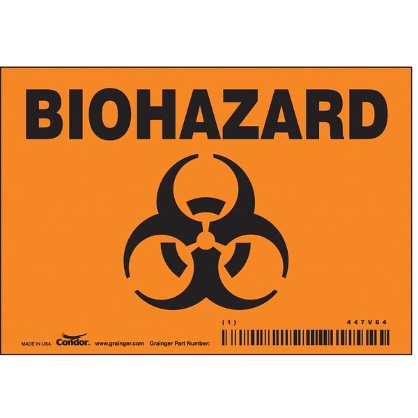Biohazard Sign, 3 1/2 in H, 5 in W, Vinyl, Horizontal Rectangle, English, 447V64, CONDOR, Mfr# 447V64