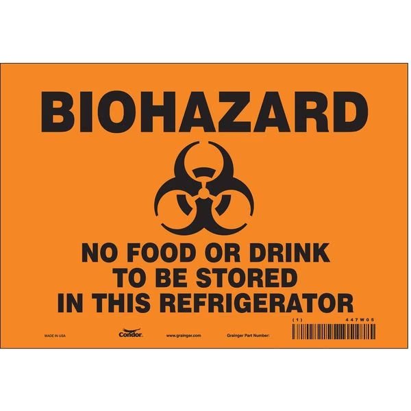Biohazard Sign, 7 in H, 10 in W, Vinyl, Vertical Rectangle, English, 447W05, Condor, Mfr#: 447W05