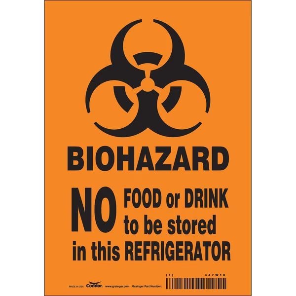 Biohazard Sign, 10 in H, 7 in W, Vinyl, Horizontal Rectangle, English, 447W18, Condor, Mfr#: 447W18
