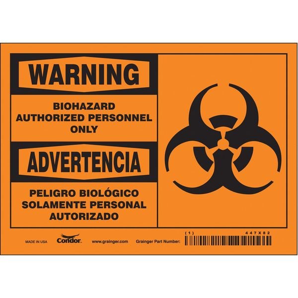 Biohazard Sign, 5 in Height, 7 in Width, Vinyl, Horizontal Rectangle, English, Spanish, CONDOR, Mfr# 447X82