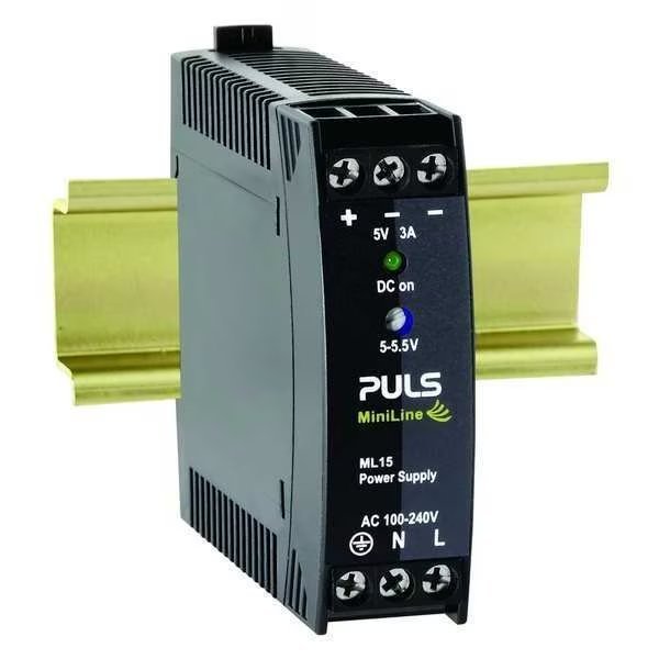 DC Power Supply, 100/240V AC, 5/5.5V DC, 15W, 3.0A, DIN Rail, Puls, Mfr#: ML15.051
