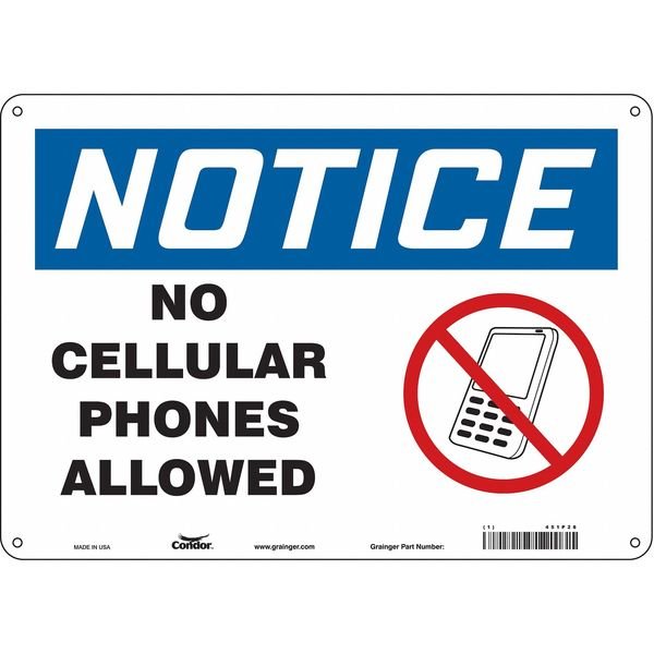 Safety Sign Cell Phone, 10 in H, 14 in W, Aluminum, Horizontal Rectangle, English, 451P28, CONDOR, Mfr# 451P28