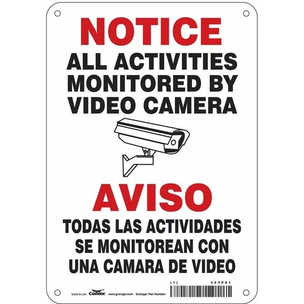 Security Sign, 10 in H, 7 in W, Aluminum, Horizontal Rectangle, English, 453P81, CONDOR, Mfr# 453P81