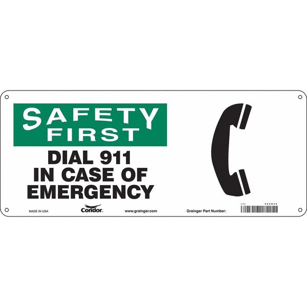 SAFETY SIGN FIRE AND EMERGENCY, 7 in Height, 17 in Width, Aluminum, Vertical Rectangle, English, CONDOR, Mfr# 469H32