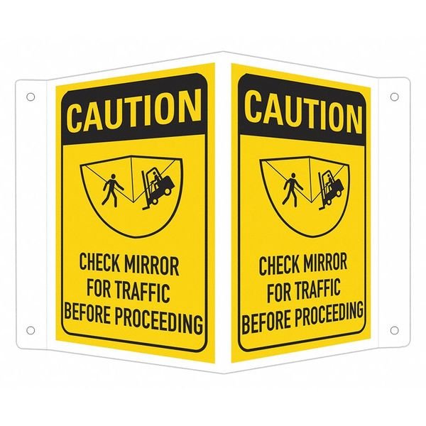 Caution Check Mirror For Traffic Before Proceeding, 7 1/2 x 6, V-Shape Projection, LCVB-0034-NA_4x6, Lyle, Mfr#: LCVB-0034-NA_4x6