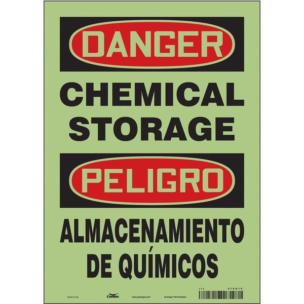Safety Sign, 14 in H, 10 in W, Glow Vinyl, Vertical Rectangle, English, Spanish, 470G15, CONDOR, Mfr# 470G15