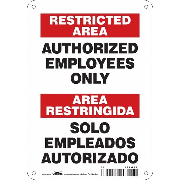 Safety Sign, 10 in H, 7 in W, Polyethylene, Horizontal Rectangle, English, Spanish, 472G18, Condor, Mfr#: 472G18