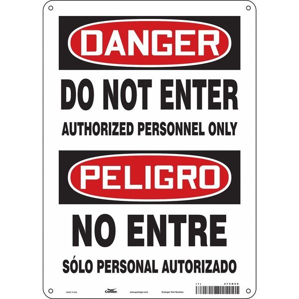 Safety Sign, 14 in Height, 10 in Width, Aluminum, Vertical Rectangle, English, Spanish, 472N08, CONDOR, Mfr# 472N08