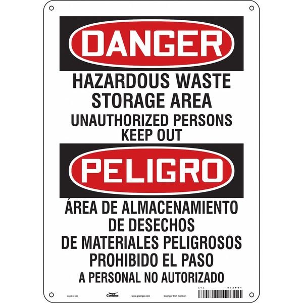 Safety Sign, 14 in Height, 10 in Width, Aluminum, Vertical Rectangle, English, Spanish, 472P91, CONDOR, Mfr# 472P91