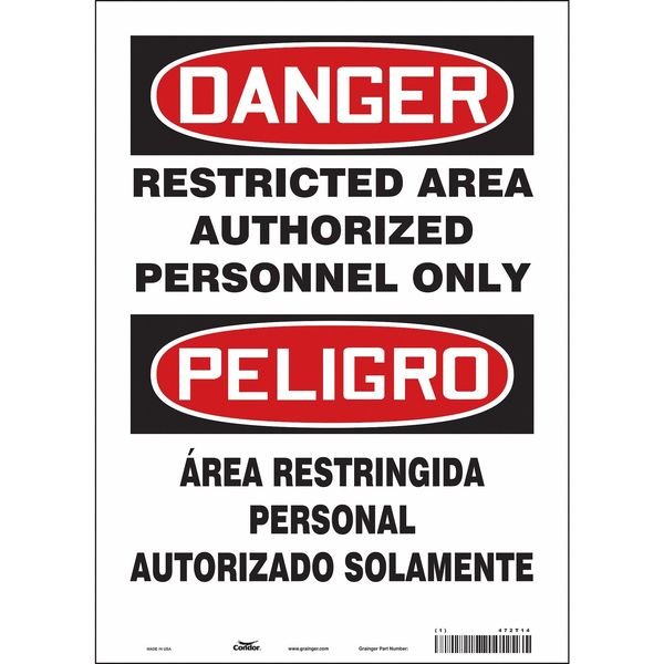 Safety Sign, 14 in Height, 10 in Width, Vinyl, Vertical Rectangle, English, Spanish, 472T14, CONDOR, Mfr# 472T14