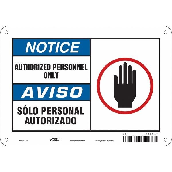 Safety Sign, 7 in H, 10 in W, Polyethylene, Vertical Rectangle, English, Spanish, 472U26, CONDOR, Mfr# 472U26