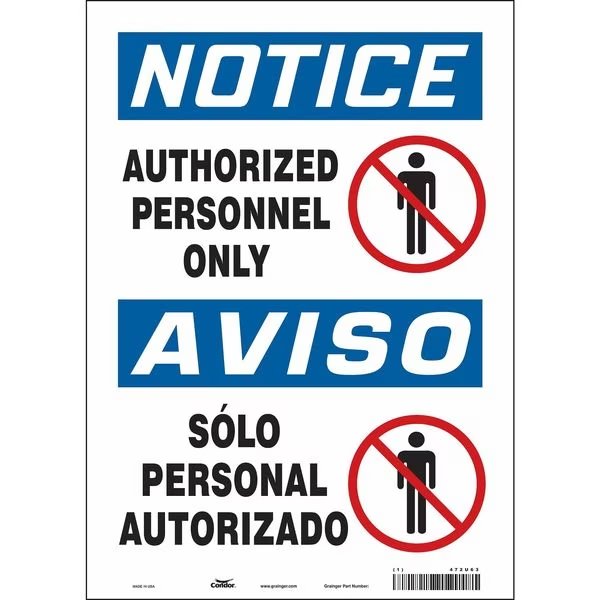 Safety Sign, 14 in Height, 10 in Width, Vinyl, Vertical Rectangle, English, Spanish, 472U63, CONDOR, Mfr# 472U63