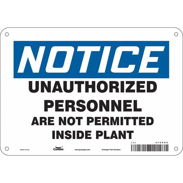 Safety Sign, 7 in Height, 10 in Width, Polyethylene, Vertical Rectangle, English, 472V95, CONDOR, Mfr# 472V95